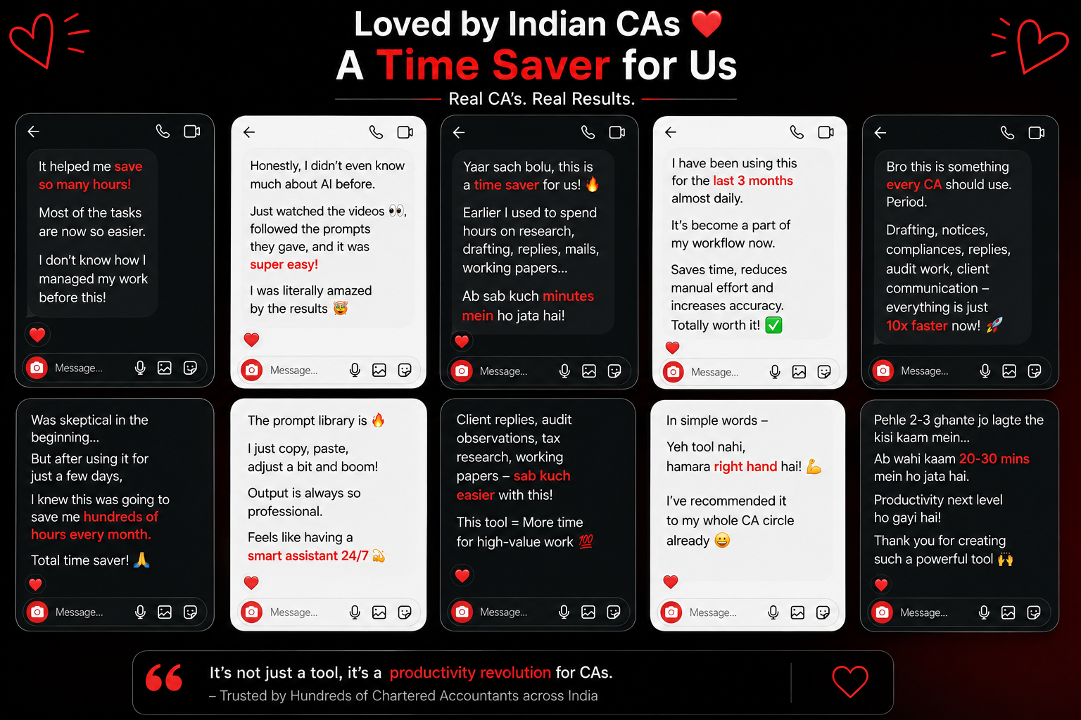 Testimonials from Indian CAs — real screenshots praising CA Time Saver with AI for saving hours every week